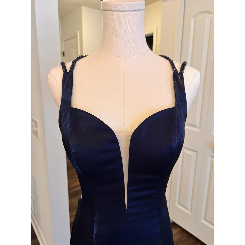 La Femme Y2K Blue Mermaid Flair Evening Gown Formal Prom Dress Illusion Plunge 6 - Picture 6 of 12